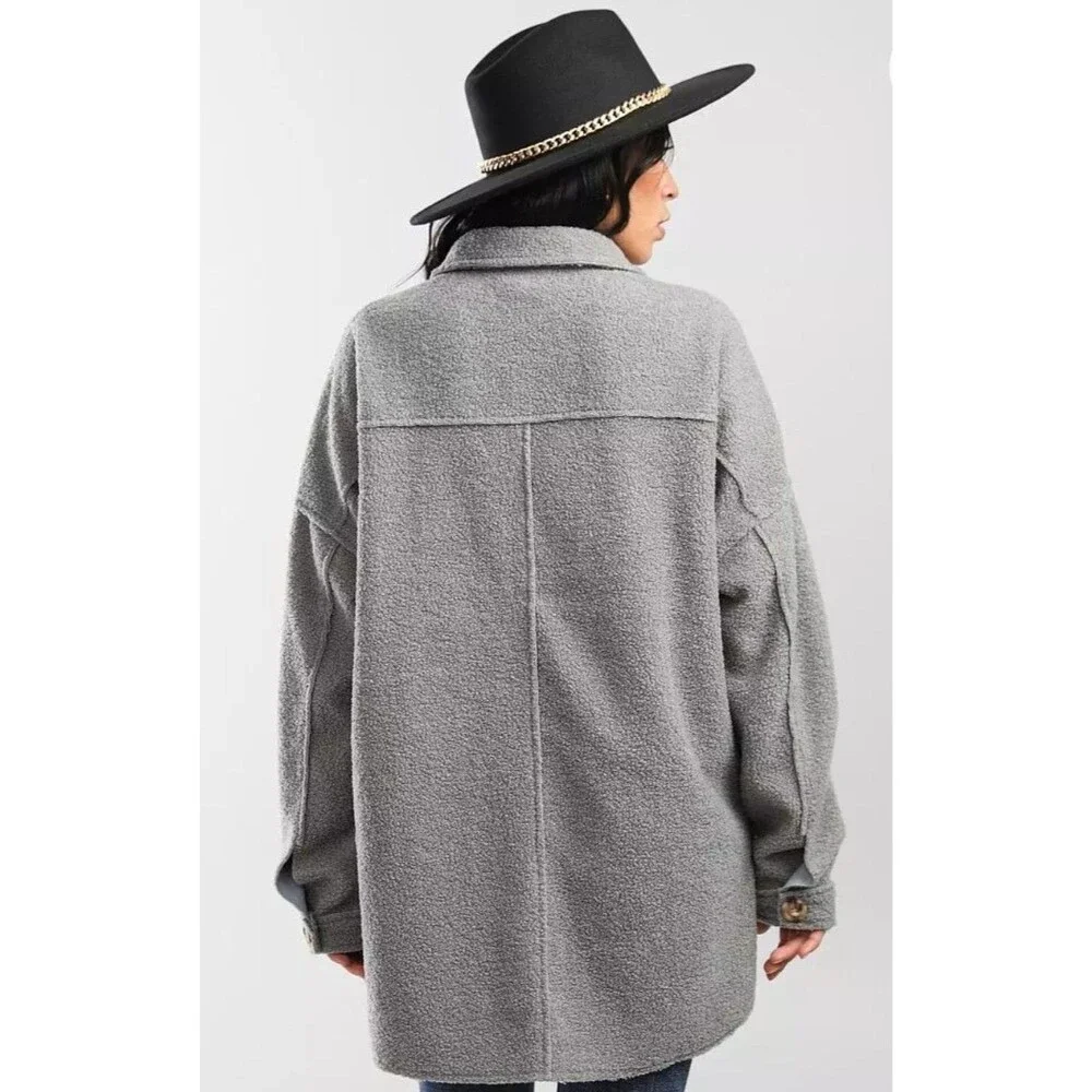 BKE Women’s Gray Sherpa Fleece Shacket Jacket Coat Size XL Long Sleeve Button - Picture 2 of 9